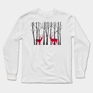 Christmas card, red deer in birch tree forest Long Sleeve T-Shirt